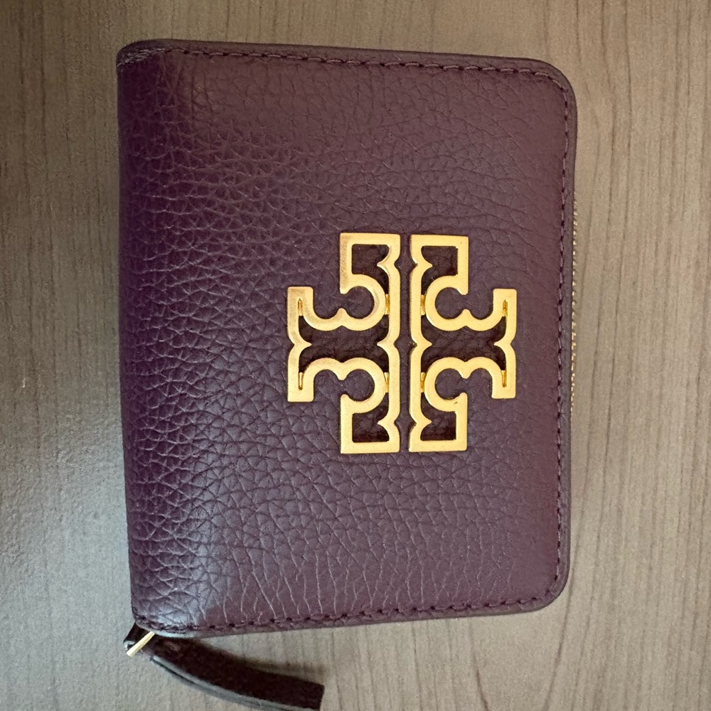 Tory Burch Aubergine Leather Wallet with Gold Logo